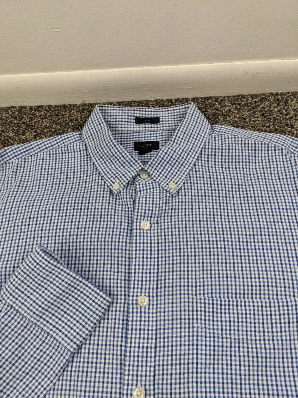 J Crew Shirt Seersucker Gingham Checked L/S Button Down Blue Mens Large Slim Fit